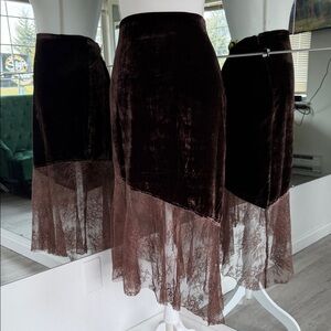 Free People Brown Velvet Midi Skirt with Lace Hem